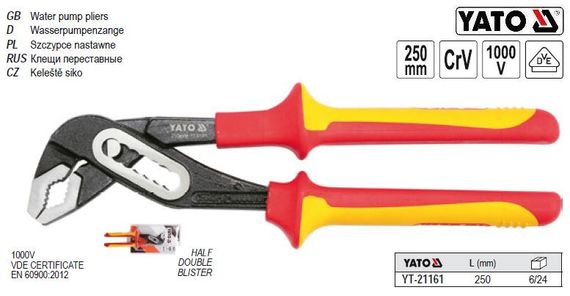 Клещи переставние изоляция 1000V l=250 мм YATO YT-21161
