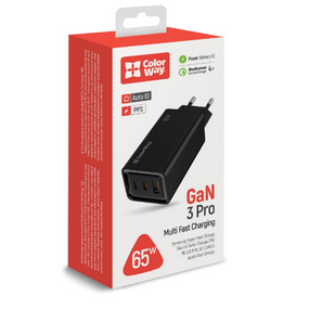 Зарядний пристрій мережевий USB/2Type-C 65W чорний GaN3 ColorWay CW-CHS039PD-BK