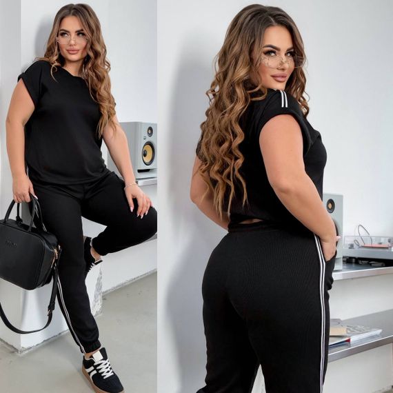 Женский спортивный костюм с лампасами штаны и футболка KF045 цвет черный, размер 48/50 | Зображення 2