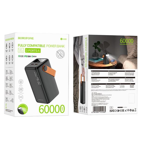 Портативний ЗП Power Bank BOROFONE BJ66B Magnifico 22.5W+PD20W 60000 mAh Black | Зображення 5