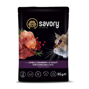 Вологий корм пауч Savory для дорослих стерилізованих котів, ягня та журавлина в соусі 85г