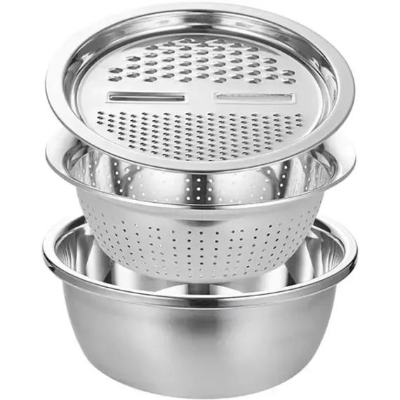 Багатофункціональний кухонний набір із неіржавкої сталі 3 в 1 Metal Basket Cutter Миска друшляк і тертка | Зображення 4