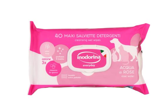 Вологі серветки для всіх типів шерсті котів та собак Inodorina Everyday Acqua di Rose з ароматом троянди, 40 шт