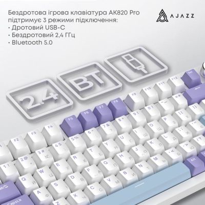 Клавиатура Ajazz AK820 Pro Gift Switch Purple RGB USB/Wireless/Bluetooth UA Purple (AK820PRO-G-PWB) | Зображення 2