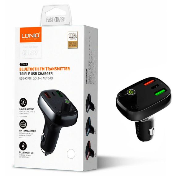 FM модулятор трансмиттер блютуз LDNIO 704Q Bluetooth адаптер зарядное утройство Черный | Зображення 4