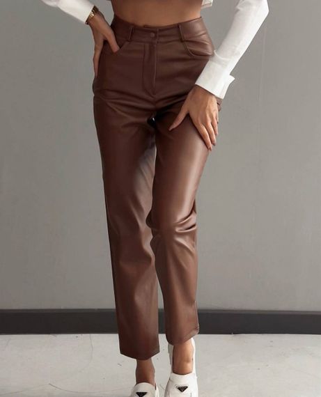 Женские укороченные широкие брюки из эко кожи BF1182 цвет мокко, размер 44/46 | Зображення 1