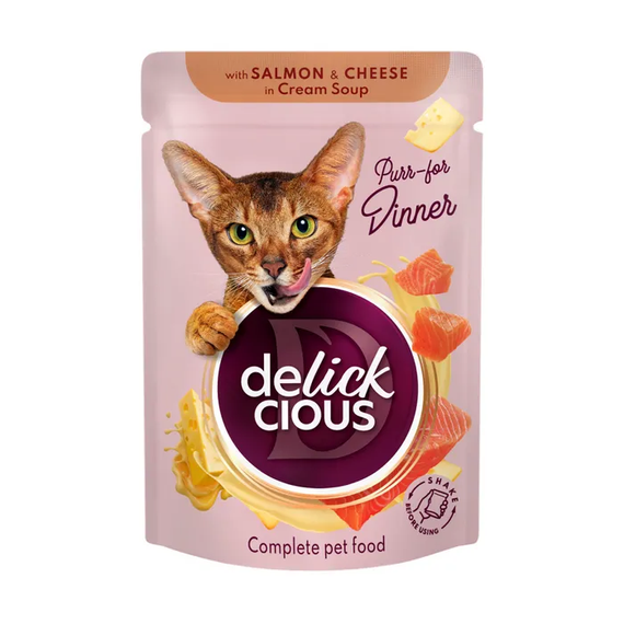Вологий корм пауч Delickcious для дорослих котів, лосось і сир 85г