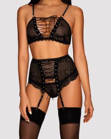Комплект зі шнурівкою та поясом для панчох Obsessive Basitta, чорний, L/XL