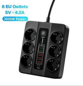 Мережевий подовжувач на 6 розеток + USB Type-C до 3000 в Атт