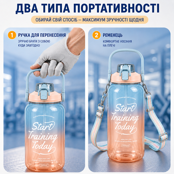 Спортивная бутылка для воды 1500 мл (1.5 л) с трубочкой и ремешком, Градиент Голубой | Зображення 3