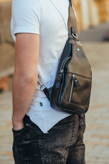 Шкіряний чорний чоловічий слінг рюкзак на одне плече TIDING BAG A25F-617-1A | Зображення 6