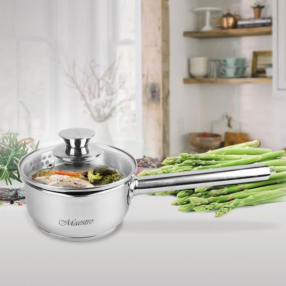 Ковш кухонный Maestro MR-3510-14S, 1 л, 14 см, из нержавеющей стали с крышкой, для всех типов плит | Зображення 1