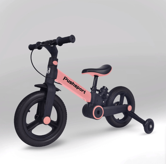 Детский велосипед-биговел 2в1 PUSH SPORT M10 | Ручной тормоз, страховочные колеса и регулируемое сиденье Розовый