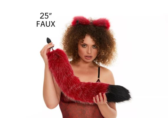 Анальний хутряний хвіст без пробки, Темно-червоний з чорним кінчиком, OKOVA 60 см. Sex Aura