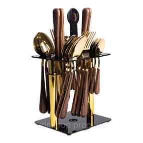 Набор столовых приборов на 6 персон с деревянными ручками на подставке столовые приборы 24 шт Золото HP-20-2