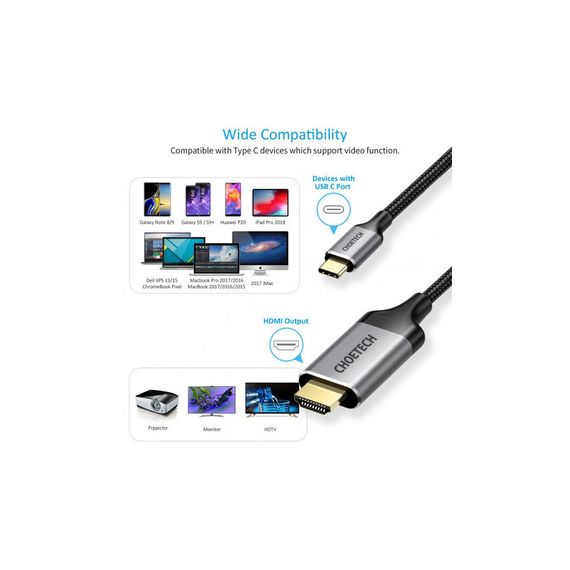 Кабель мультимедийный USB-C to HDMI 1.8m 4K 60Hz Choetech (CH0021-BK) | Зображення 5