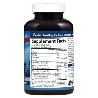 Жирные кислоты Carlson Жир из Печени Трески, Вкус Лимона, Cod Liver Oil Lemon, 150+30 жела (CAR-01384) - Топ | Зображення 1