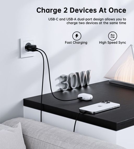 Мережевий зарядний пристрій Choetech PD5012-EU-BK, USB-A/USB-С | Зображення 8