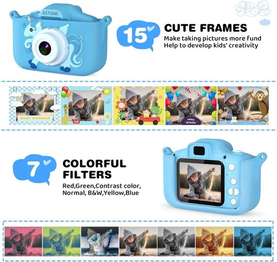 Детская цифровая камера ASTGMI C3Pro, 2.0” дисплей, 12МП, с SD-картой 32 ГБ и силиконовой крышкой, синяя | Зображення 4
