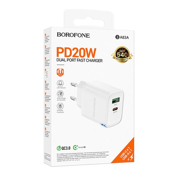 Мережевий зарядний пристрій Borofone BA83A 1USB-C/1USB PD/QC 20W | Зображення 1