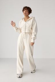 Теплий спортивний костюм з коротким худі та широкими штанами - бежевий цвет, L (є розміри)