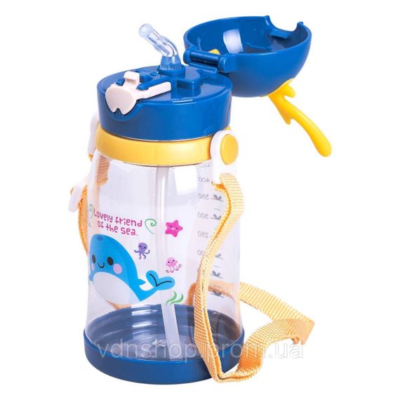 Пляшка для води дитяча 550 мл на ремінці пляшечка з трубочкою для спорту та школи Синя HP-14-44BL | Зображення 1