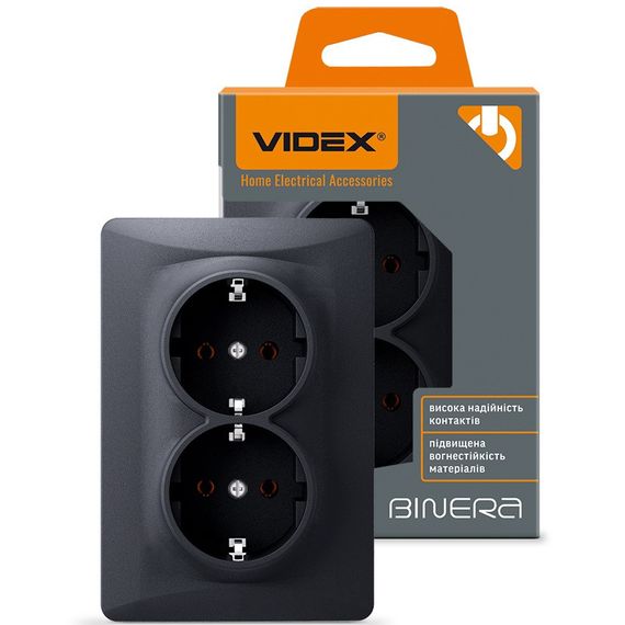 Двойная розетка с заземлением и повышенной огнеупорностью VIDEX BINERA VF-BNSK2G-BG черный графит | Зображення 1