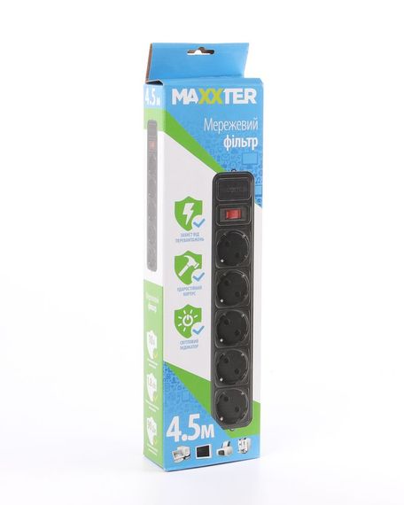 Мережевий фільтр Maxxter SPM5-G-15B чорний, 4.5 м кабель, 5 розеток | Зображення 1