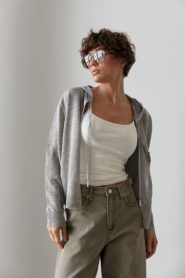 Легкий в'язаний кардиган на ґудзиках із капюшоном - сірий цвет, ONE SIZE (є розміри) | Зображення 3