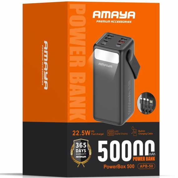 Портативний ЗП Power Bank Amaya APB-50 22.5W flashlight with cable 50000 mAh Black | Зображення 1