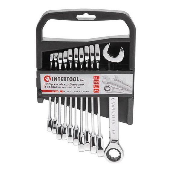 Набір ключів комбінованих, з тріскачкою, 11 шт., 8-19 мм, Cr-V, професійний, DIN3113 INTERTOOL XT-1304