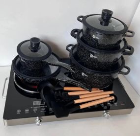 Набір посуду Higher Kitchen НК-316 Алюміній із гранітним покриттям 17 предметів Чорний