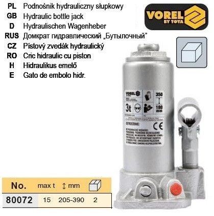 Домкрат гідравлічний Польща стовбцевий F=15 т h=205-390 мм VOREL-80072