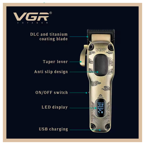 Аккумуляторная машинка для стрижки VGR V-027, 8 насадок, 7000 RPM, 2600 mAh, LED дисплей | Зображення 6