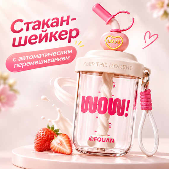 Шейкер WOW 580 мл детский белый с веночком для смешивания и трубочкой для напитков | Зображення 8
