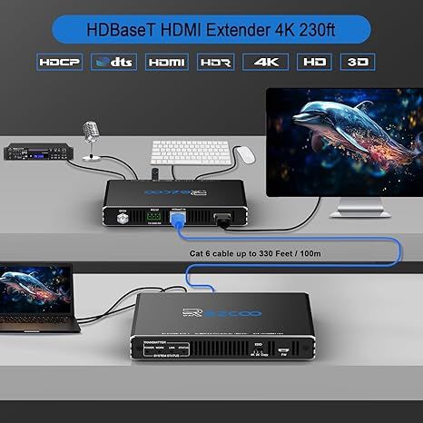 4K HDMI KVM-подовжувач USB без стиснення 4K 60 Гц HDR Single по Cat5e/6 до 300 футів, 3 порти USB2.0 хаб, POE + RS232 + EDID + 3,5 мм стереозвук і мікрофон, EX70H2KVM | Зображення 2