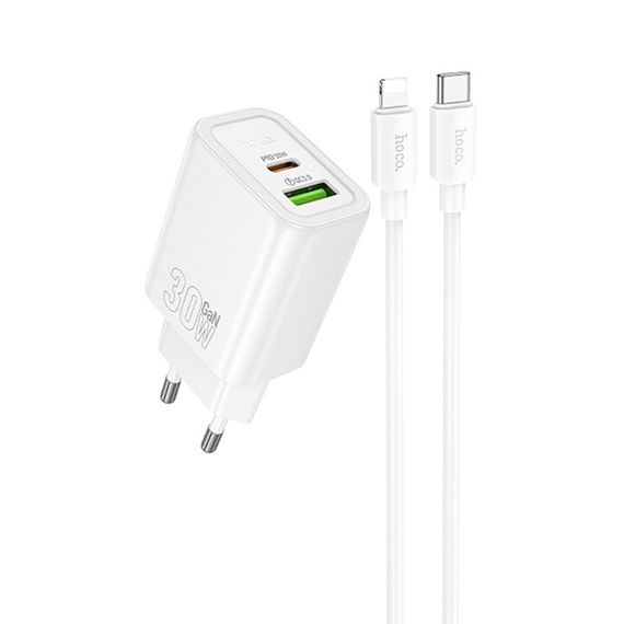 МЗП Hoco N63 Gentle PD30W+QC3.0 (1USB-A/1C) + кабель Type-C to Lightning White