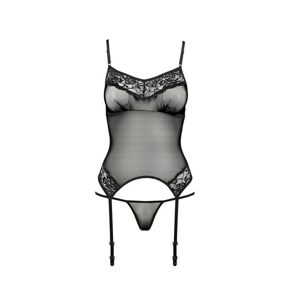 Корсет з пажами Passion MELANIA CORSET S/M, black, трусики, напівпрозорий | Зображення 4