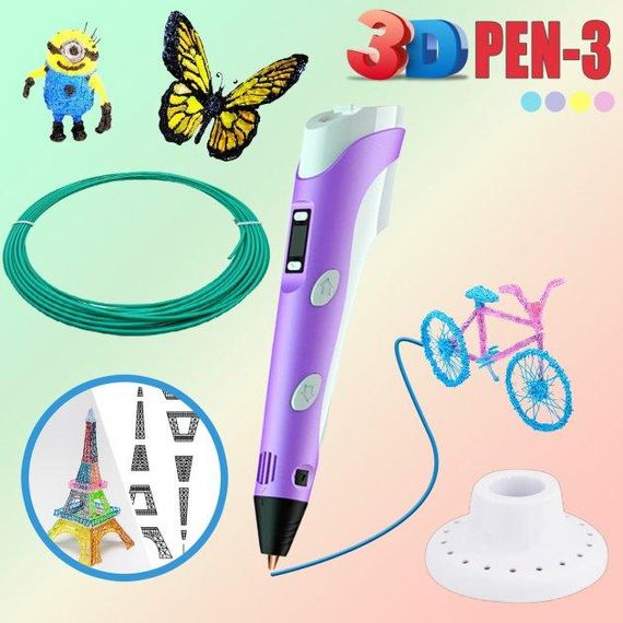 Дитяча 3D Ручка для малювання та створення об'ємних моделей 3DPen-3 з дисплеєм + трафарети + 10 м пластику + підставка у наборі | Зображення 3