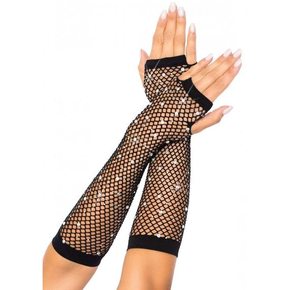 Рукавички в сітку із стразами One SIze Fishnet Arm Warmers Gloves від Leg Avenue Rhinestone, чорні Sex Aura