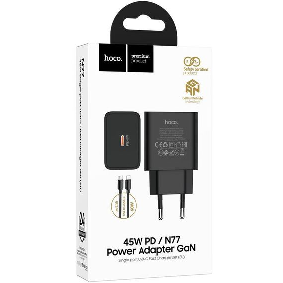 МЗП Hoco N77 Star PD45W (1USB-C) + кабель Type-C to Type-C Black | Зображення 1