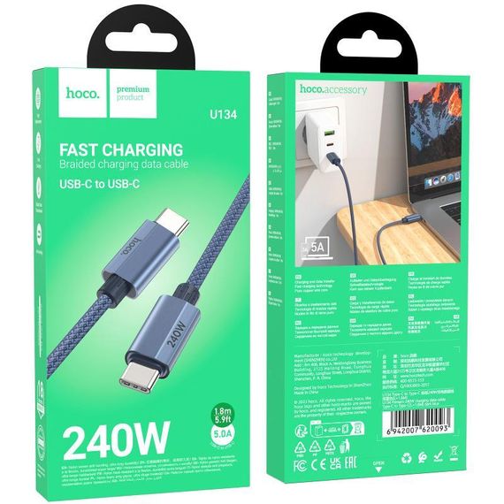 Дата кабель Hoco U134 Primero Type-C to Type-C 240W (1.8m) Dark Blue | Зображення 3