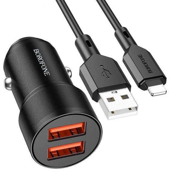 АЗП Borofone BZ19 Wishdom (2USB-A) + кабель USB to Lightning Black
