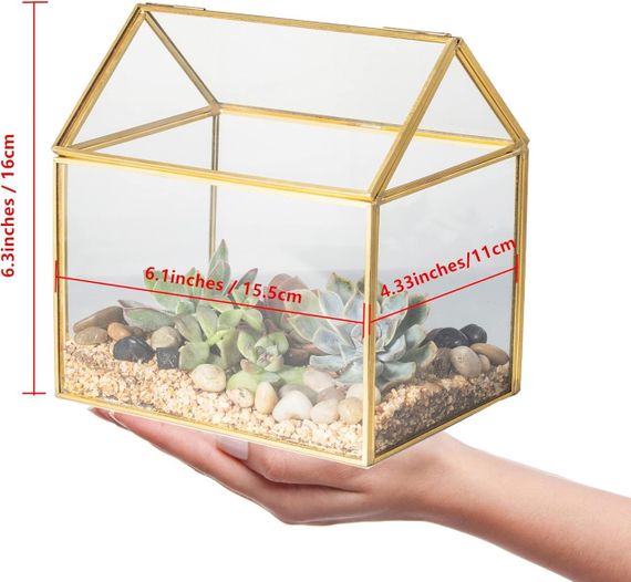 Скляний флораріум NCYP у формі будиночка з кришкою, золота рамка, 15.5×11×16 см, для сукулентів, мосаріум | Зображення 5