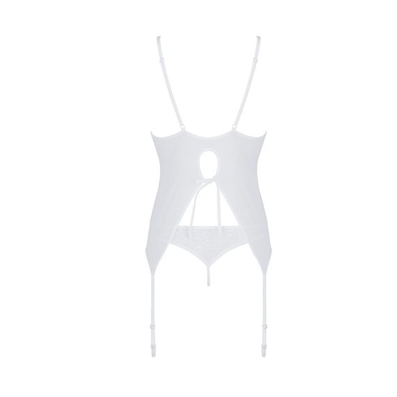Корсет із пажами, трусики з ажурним декором та відкритим кроком Passion URSULA CORSET S/M, white | Зображення 3