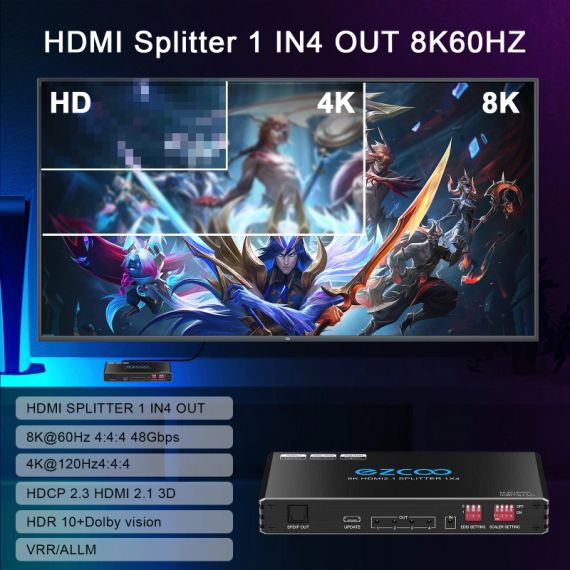 4K 120 Гц HDMI 2.1 спліттер 1X4 аудіо екстрактор VRR ALLM HDCP2.3 HDR10+ SPDIF оптичний 5.1CH аудіо EDID масштабатор 4K 1080P HDMI спліттер 8K 1 ВХІД 4 ВИХОДИ (EZ-SP14HA21) | Зображення 2