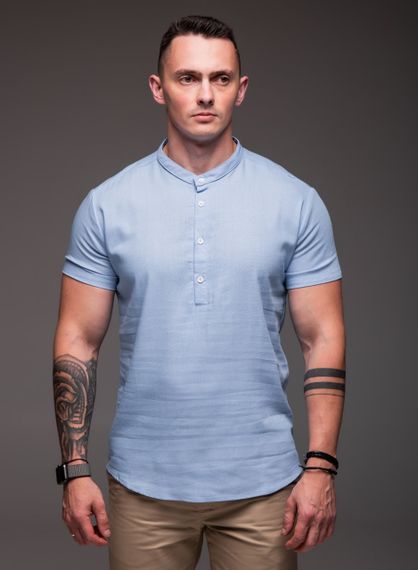 Мужская льнаная рубашка с коротким рукавом и воротником стойка на трех пуговицах RA1504 цвет голубой, размер S