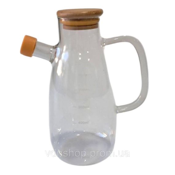 Скляна пляшка для олії та оцту з носиком і дозатором 650 мл, кришка з дерева, квадратна ручка HP-34-1-650 | Зображення 4