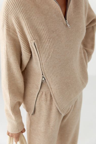 В'язаний костюм зі светром із блискавками та прямими штанами - бежевий цвет, ONE SIZE (є розміри) | Зображення 3