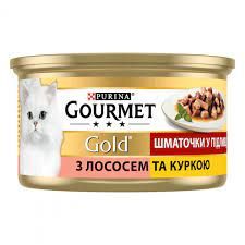 GOURMET® Gold (Гурме Голд). З лососем та курча. Шматочки у підливці. Консервований порційний повнораціонний корм для дорослих котів 85 г